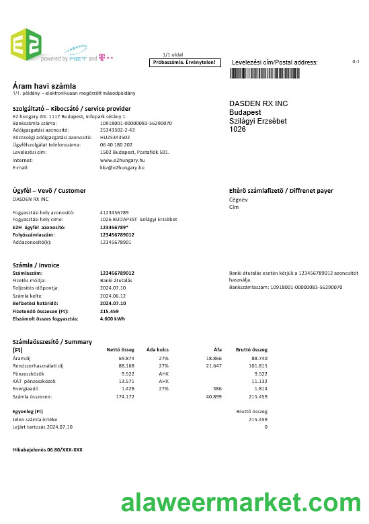 Hungary E2 business utility bill template in Word and PDF formats